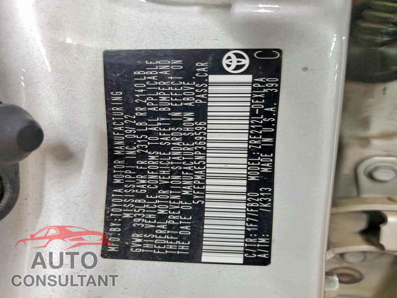 TOYOTA COROLLA 2022 - 5YFEPMAE5NP369596