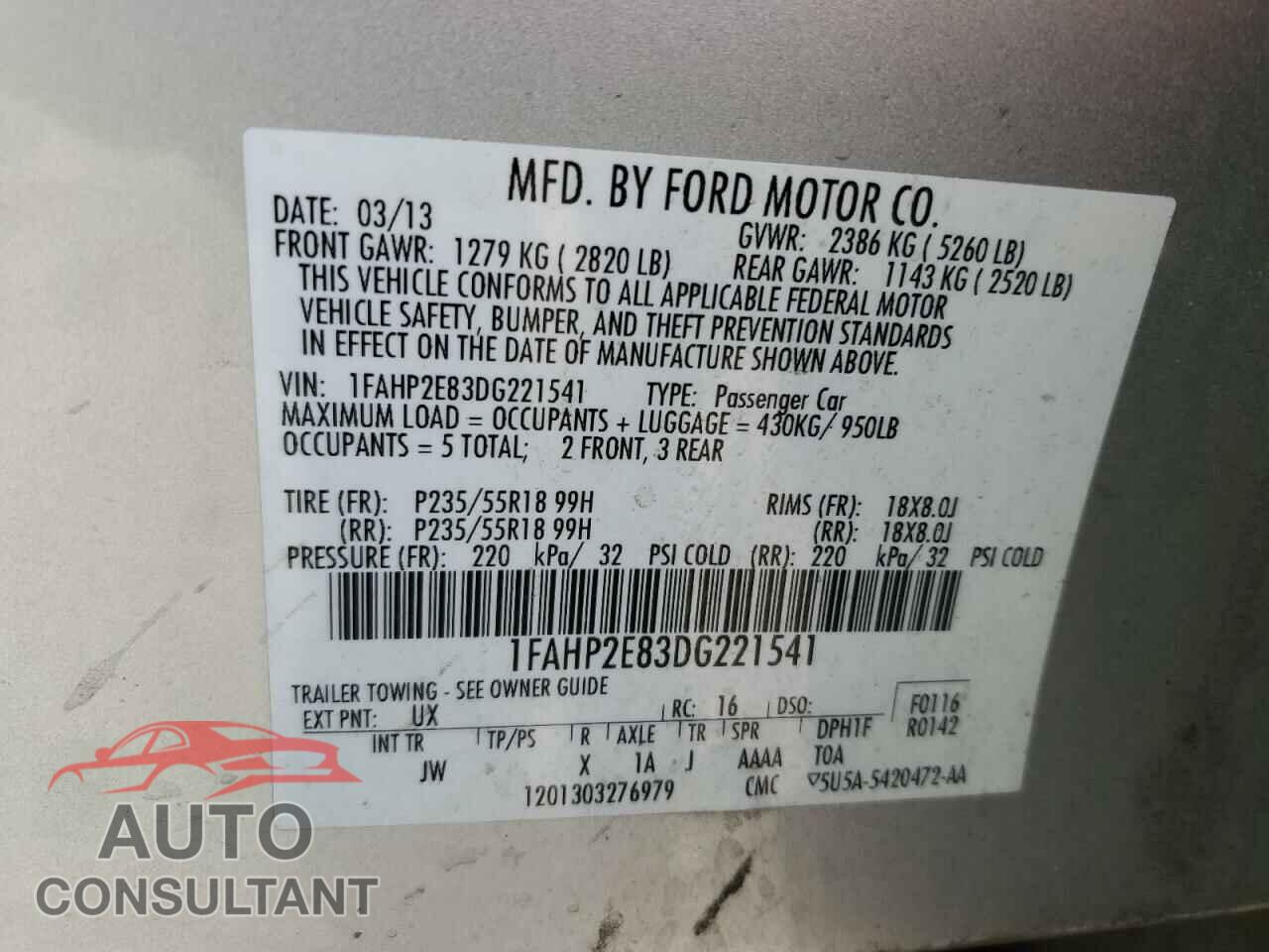 FORD TAURUS 2013 - 1FAHP2E83DG221541