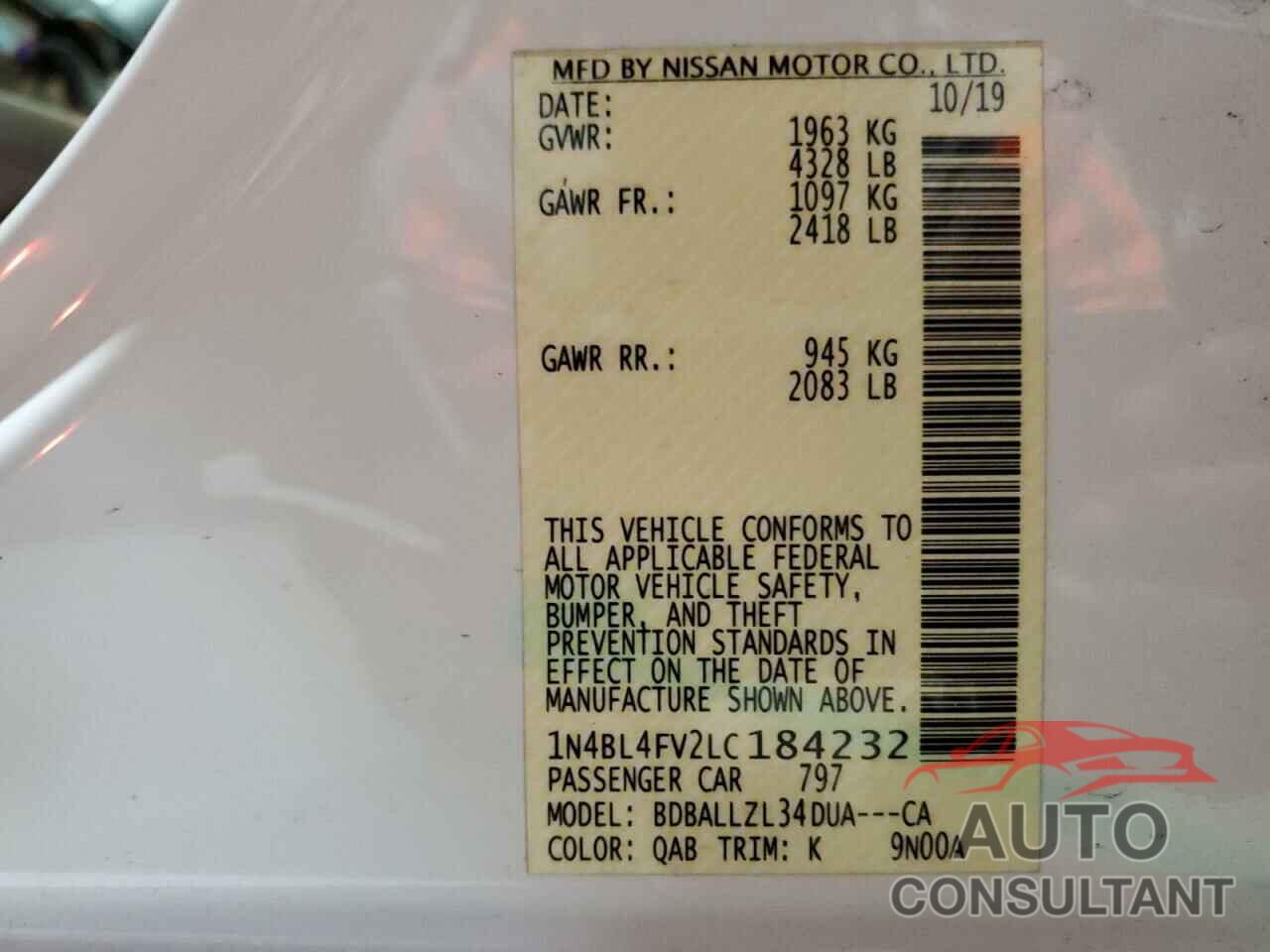 NISSAN ALTIMA 2020 - 1N4BL4FV2LC184232