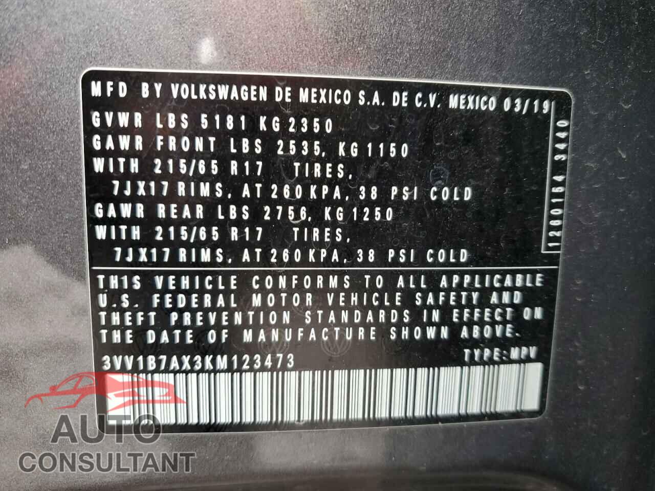 VOLKSWAGEN TIGUAN 2019 - 3VV1B7AX3KM123473