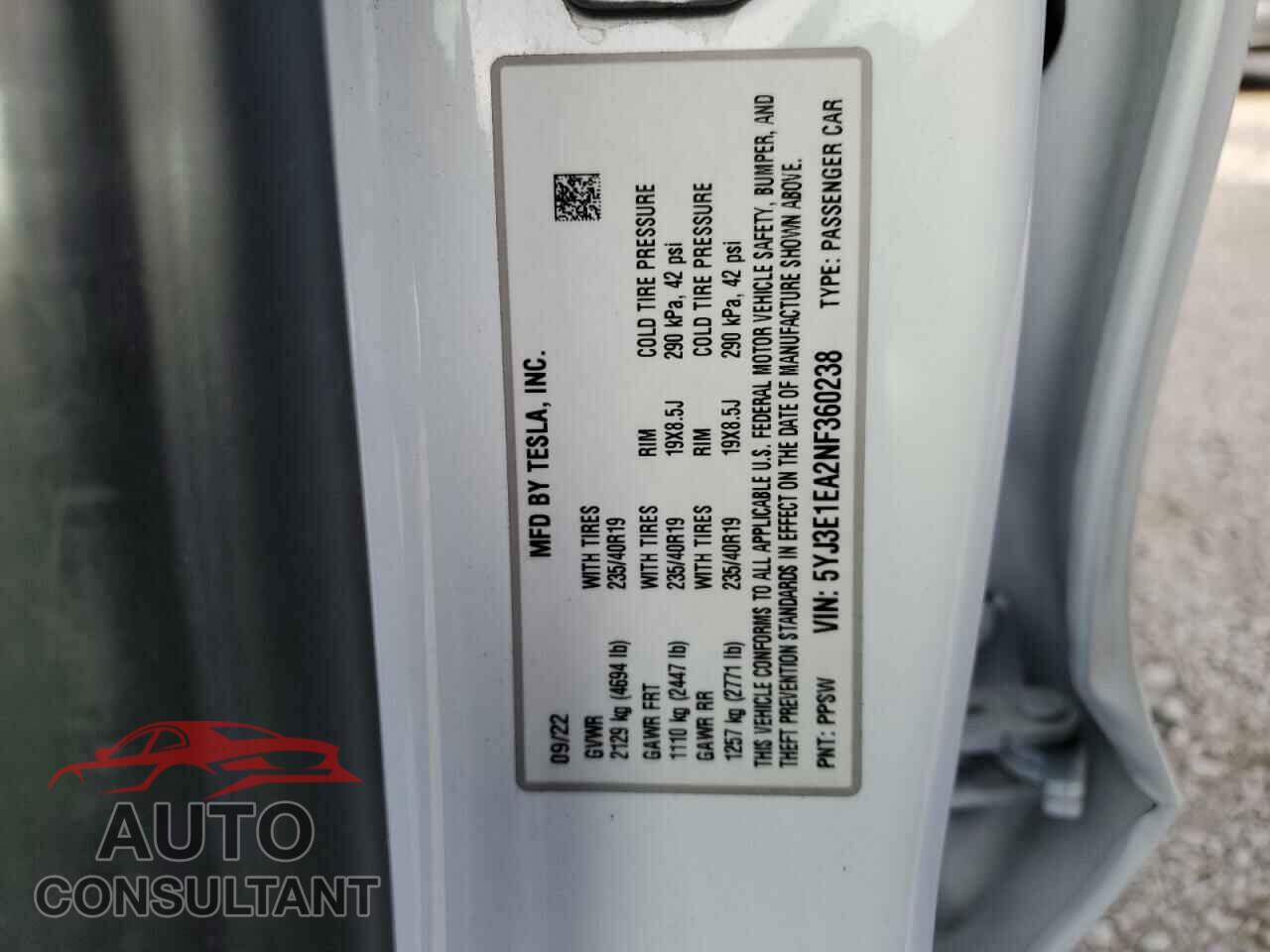 TESLA MODEL 3 2022 - 5YJ3E1EA2NF360238