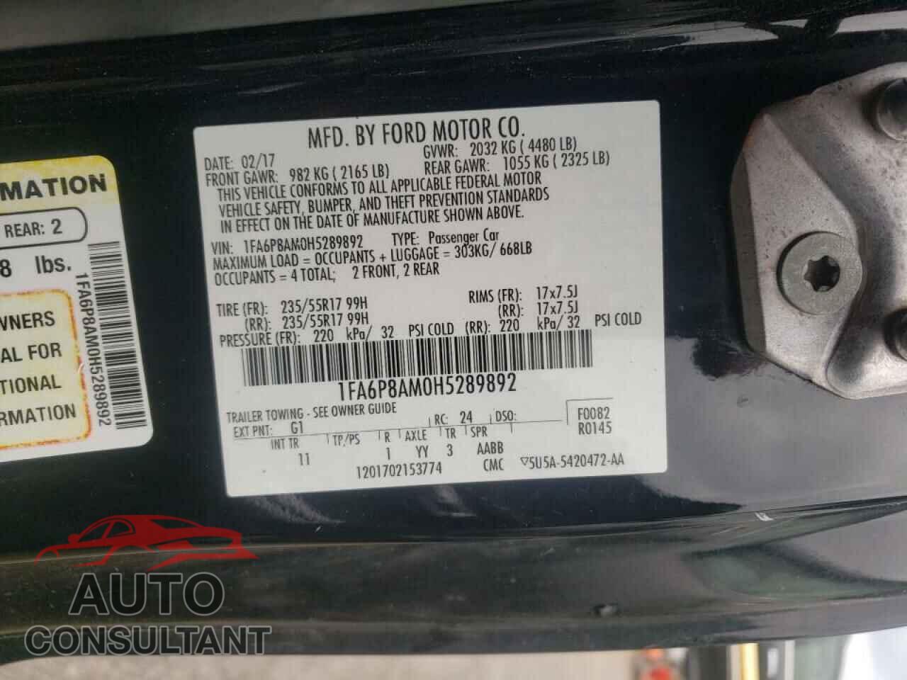 FORD MUSTANG 2017 - 1FA6P8AM0H5289892