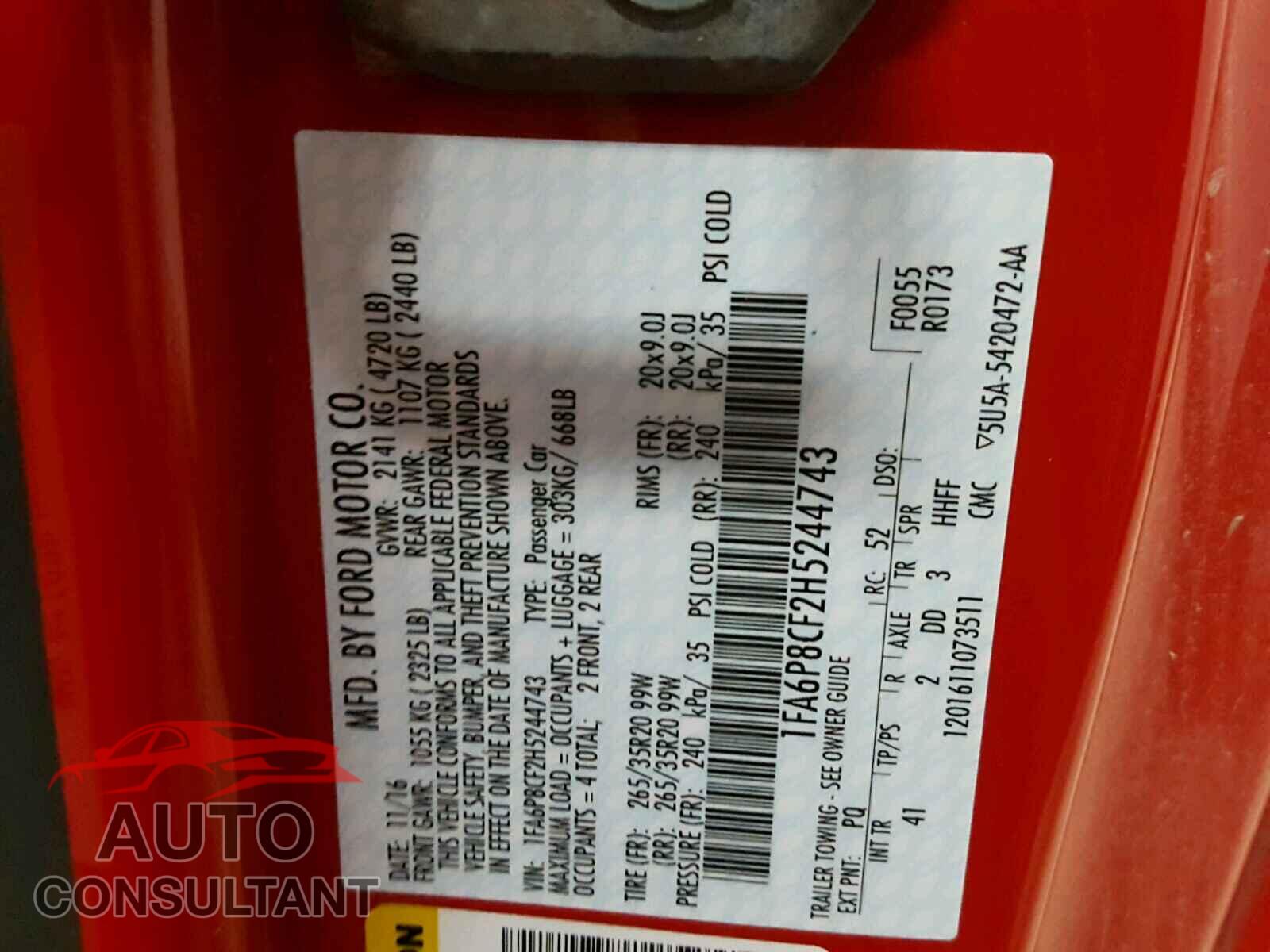 FORD MUSTANG 2017 - 1FA6P8CF2H5244743