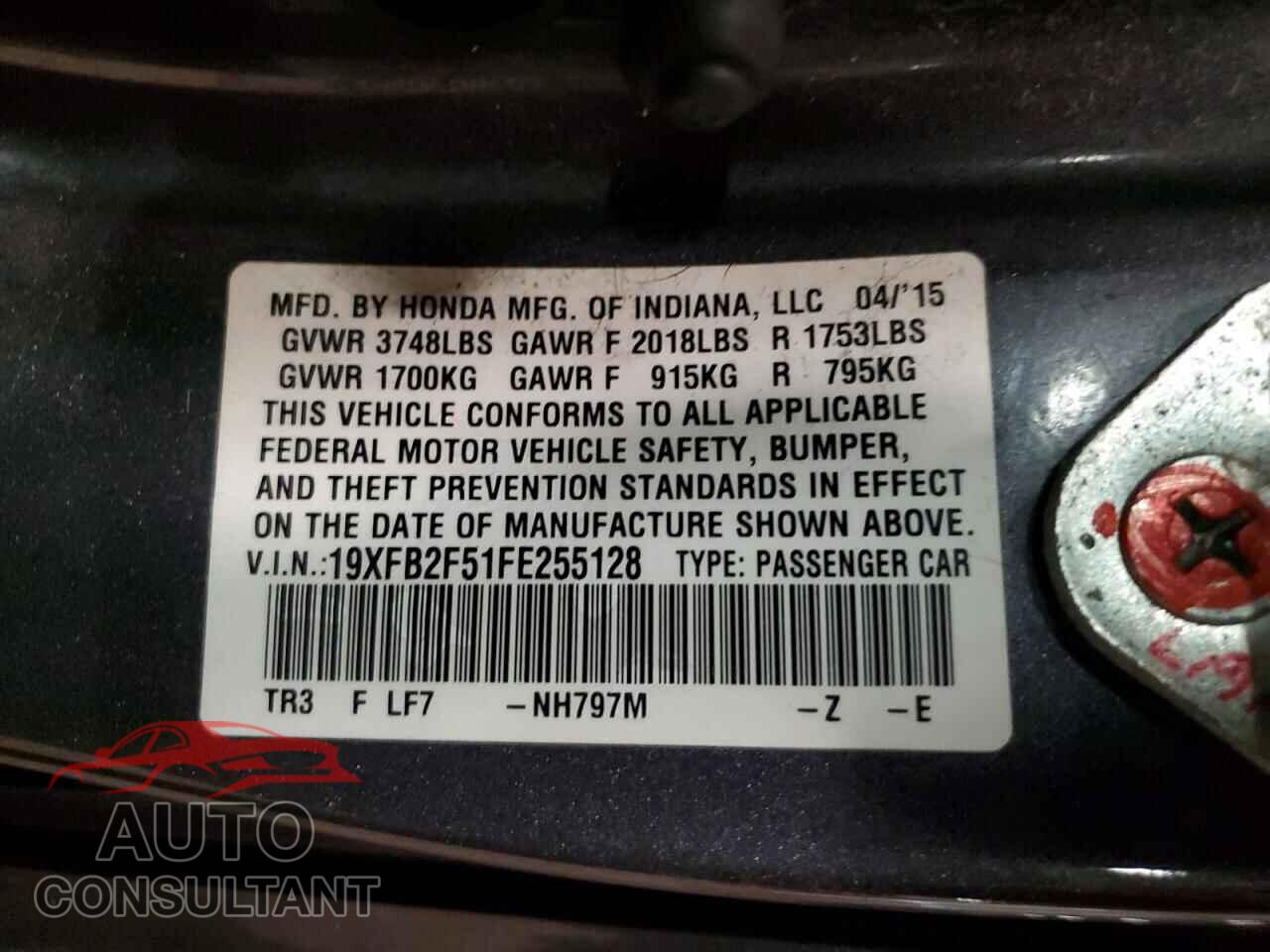 HONDA CIVIC 2015 - 19XFB2F51FE255128