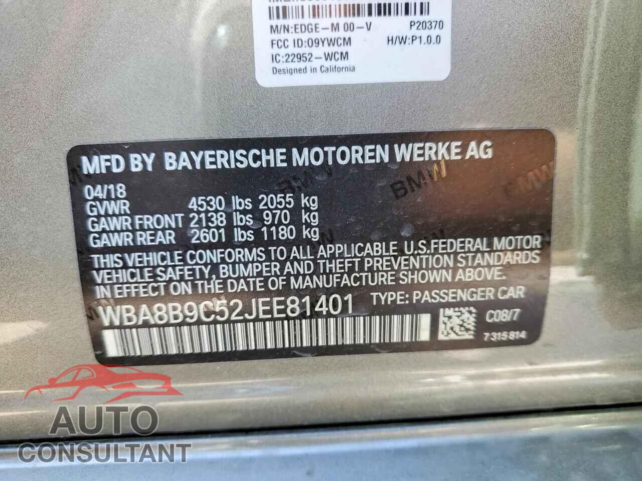 BMW 3 SERIES 2018 - WBA8B9C52JEE81401