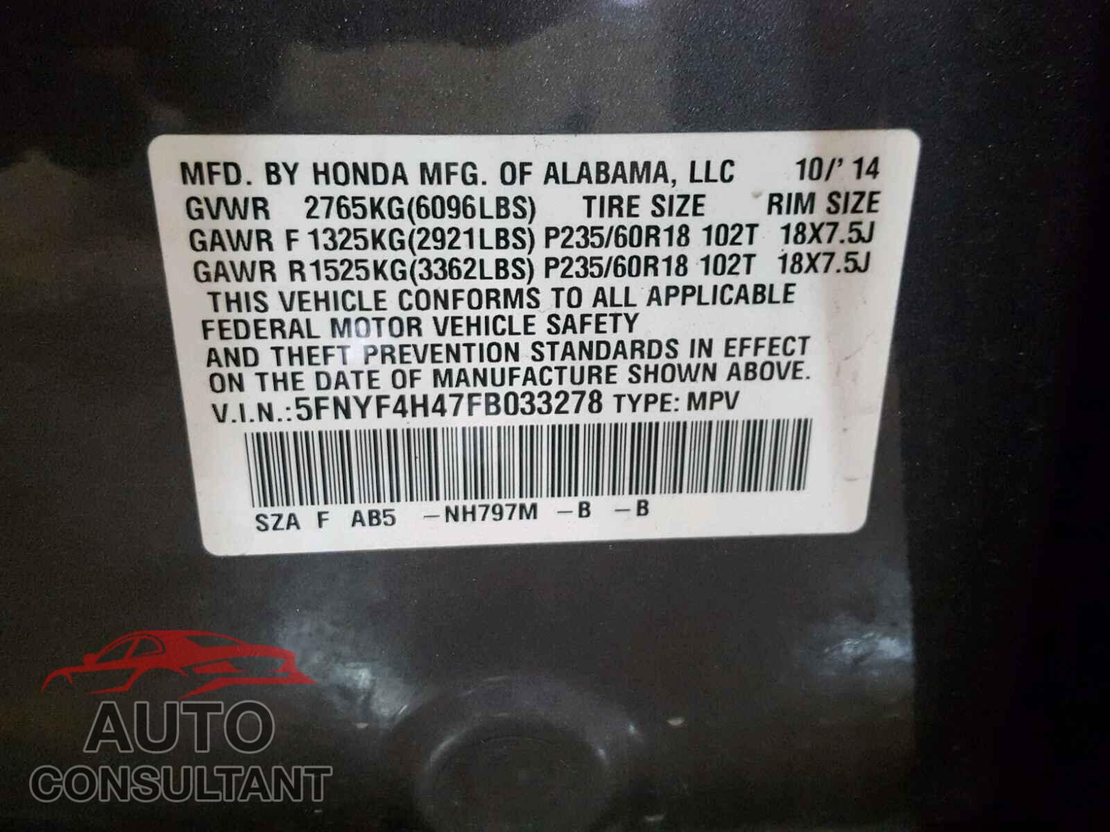 HONDA PILOT EX 2015 - 5FNYF4H47FB033278