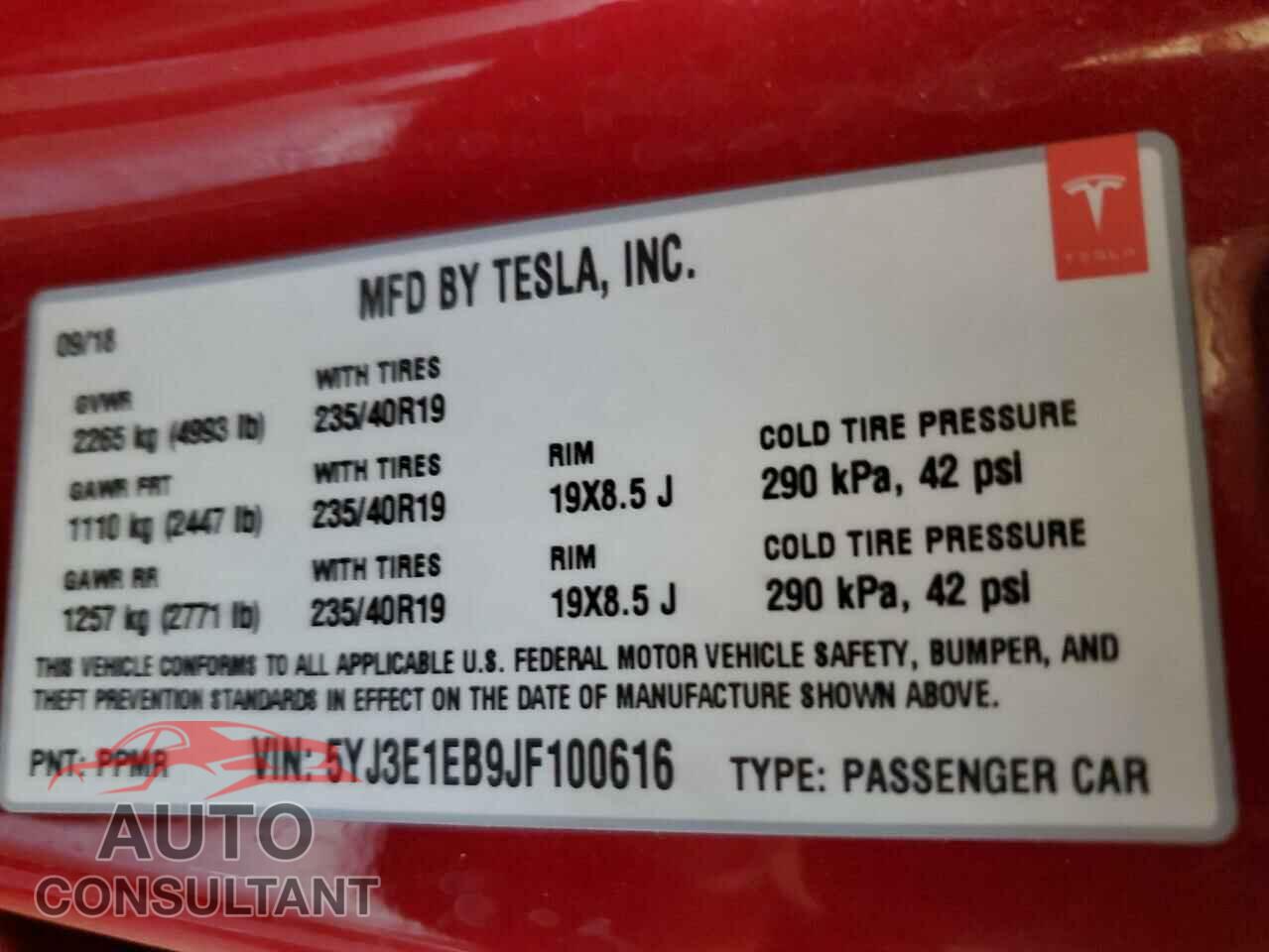 TESLA MODEL 3 2018 - 5YJ3E1EB9JF100616