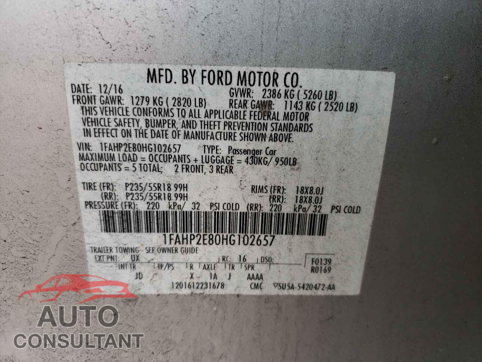 FORD TAURUS 2017 - 1FAHP2E80HG102657
