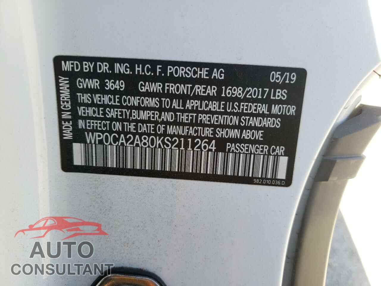 PORSCHE BOXSTER 2019 - WP0CA2A80KS211264