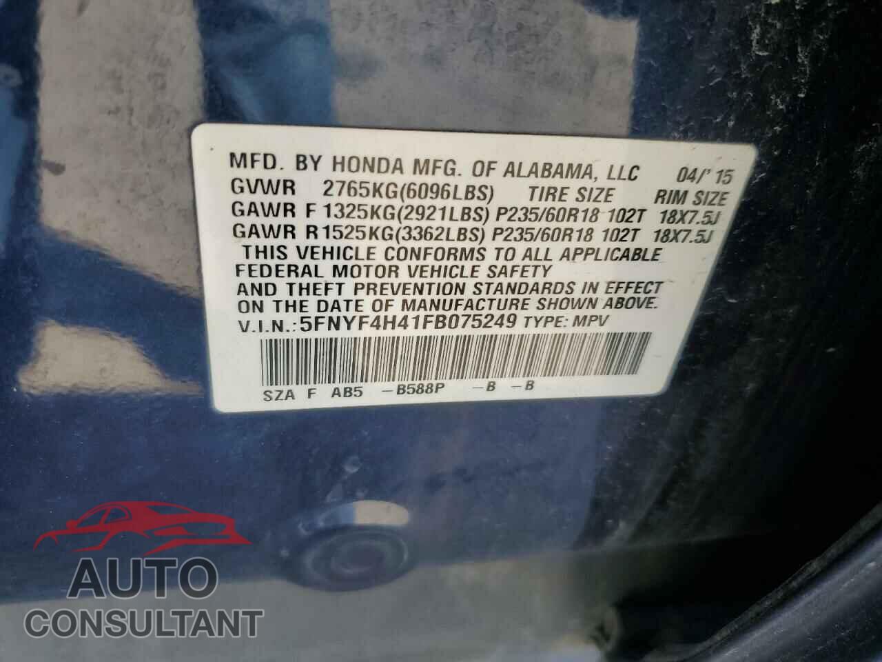 HONDA PILOT 2015 - 5FNYF4H41FB075249