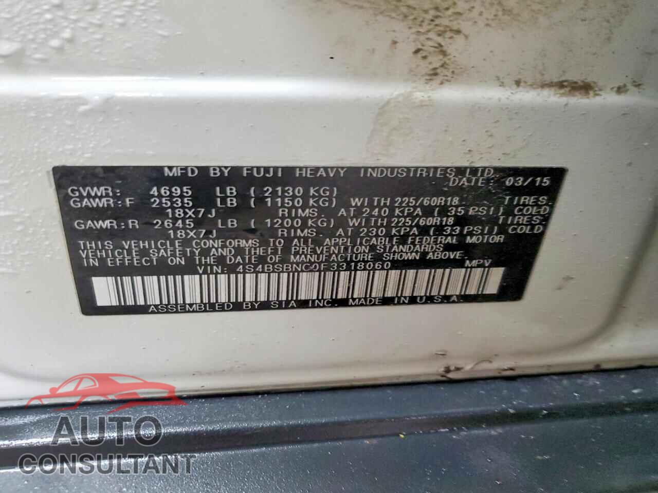 SUBARU OUTBACK 2015 - 4S4BSBNC0F3318060