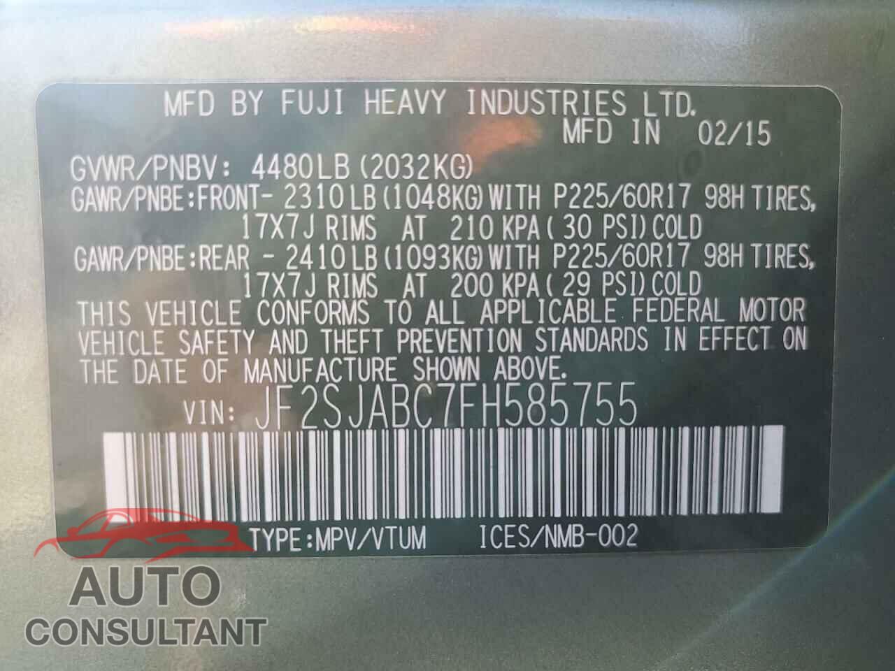 SUBARU FORESTER 2015 - JF2SJABC7FH585755