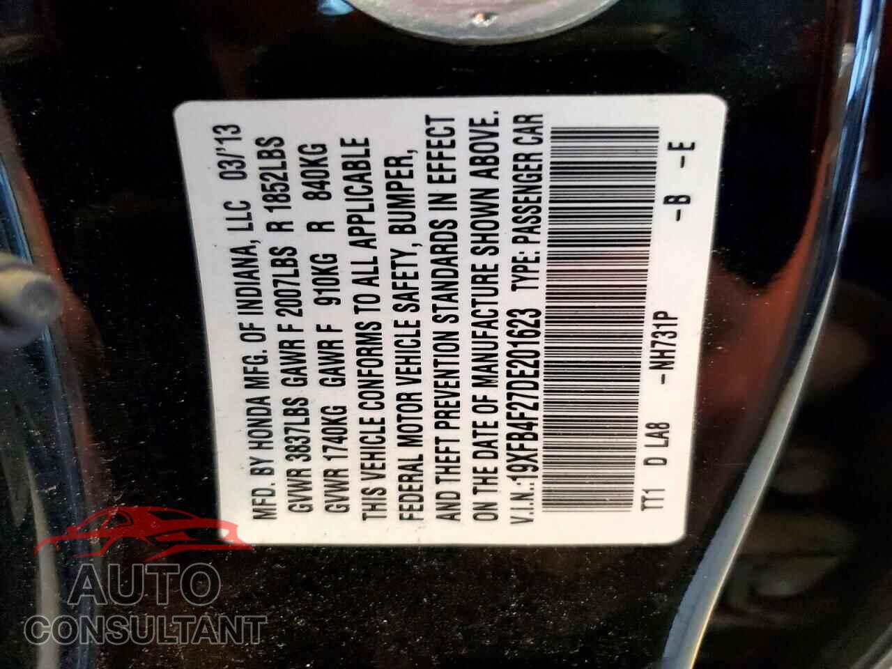 HONDA CIVIC 2013 - 19XFB4F27DE201623