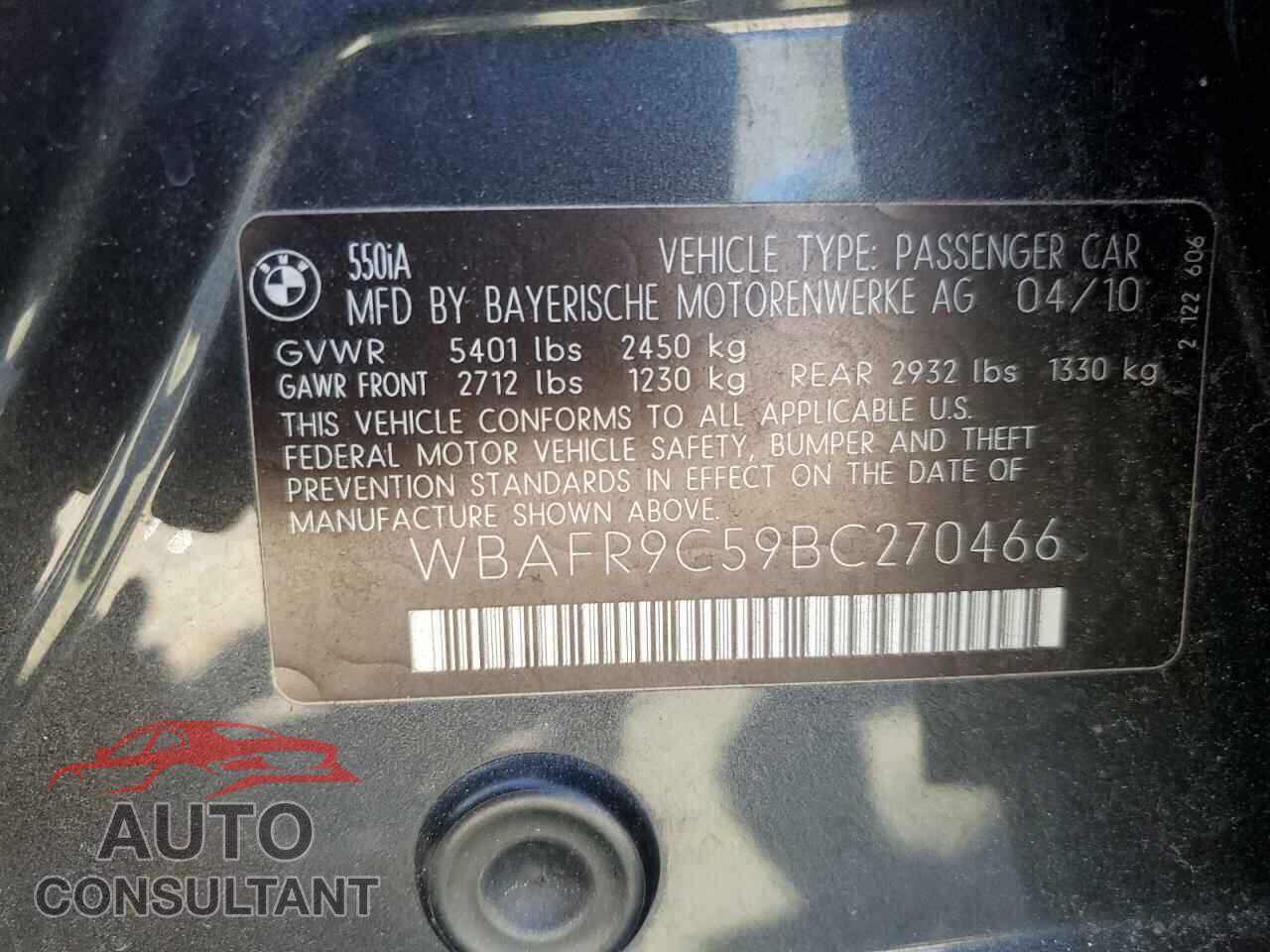 BMW 5 SERIES 2011 - WBAFR9C59BC270466