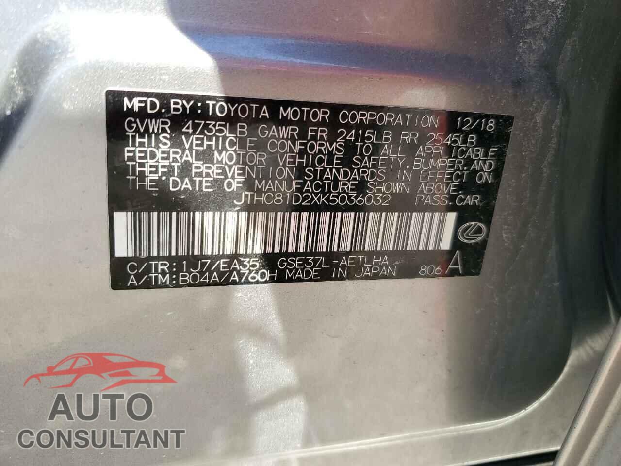 LEXUS IS 2019 - JTHC81D2XK5036032