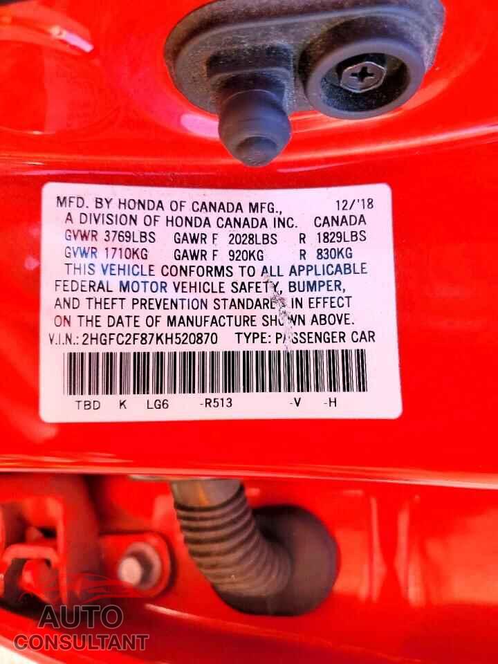 HONDA CIVIC 2019 - 2HGFC2F87KH520870