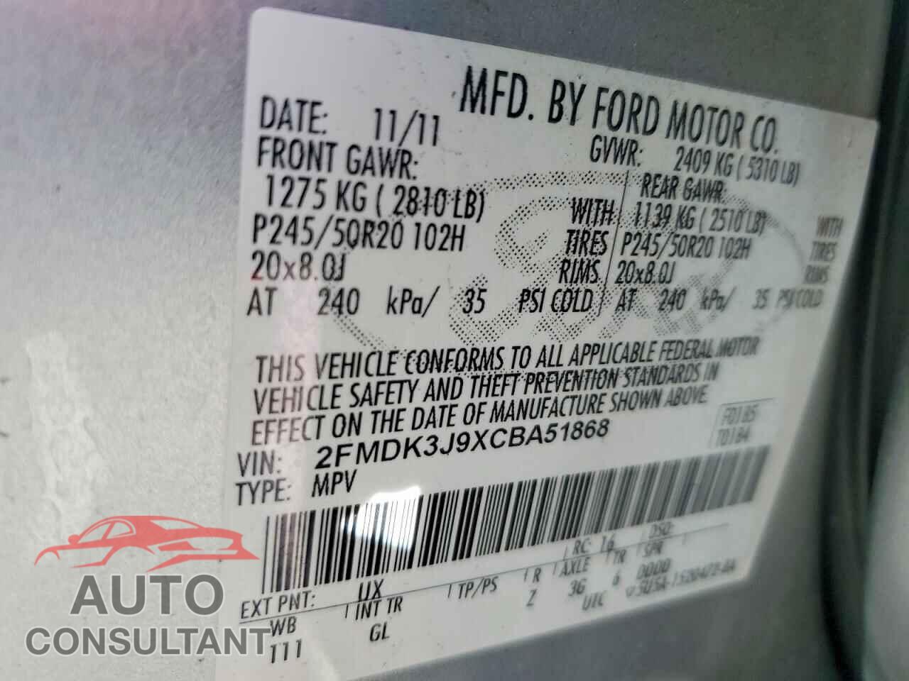 FORD EDGE 2012 - 2FMDK3J9XCBA51868