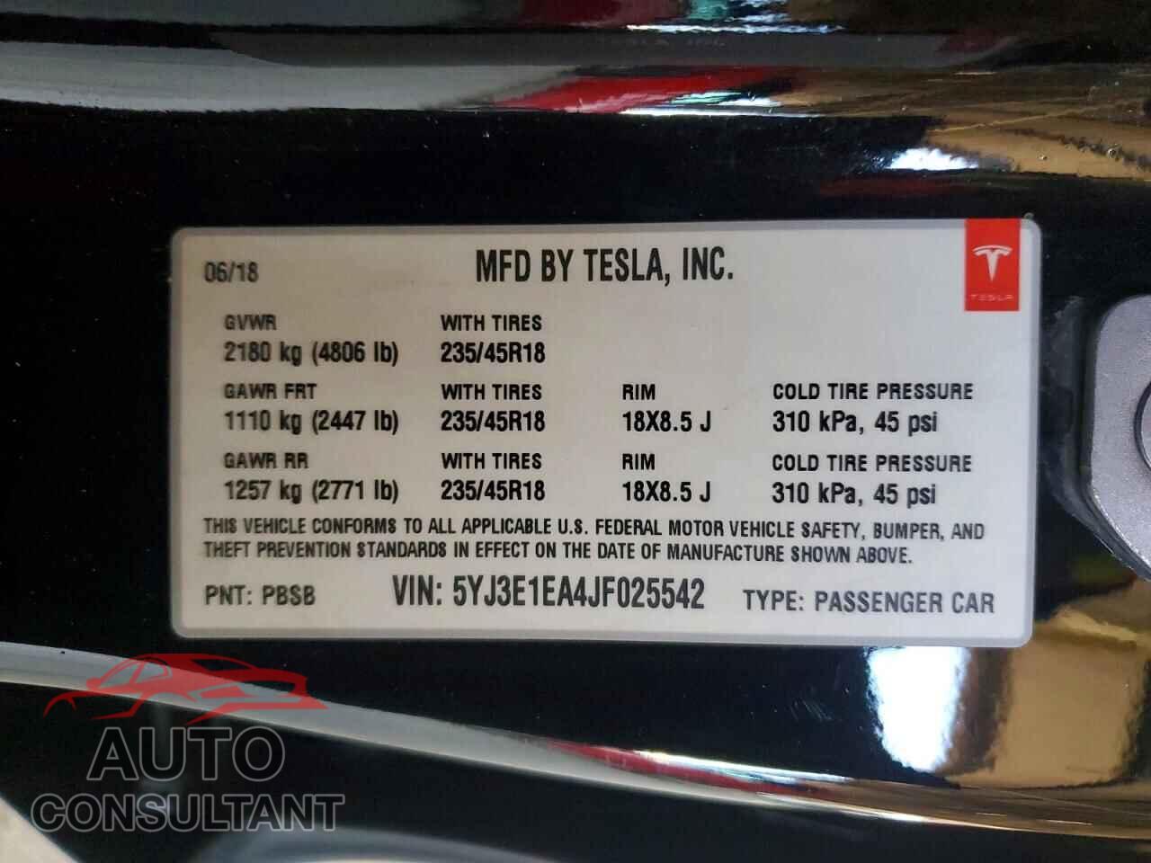 TESLA MODEL 3 2018 - 5YJ3E1EA4JF025542