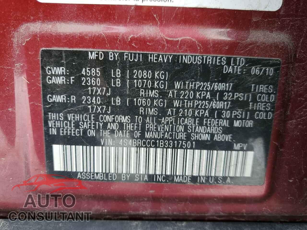 SUBARU OUTBACK 2011 - 4S4BRCCC1B3317501