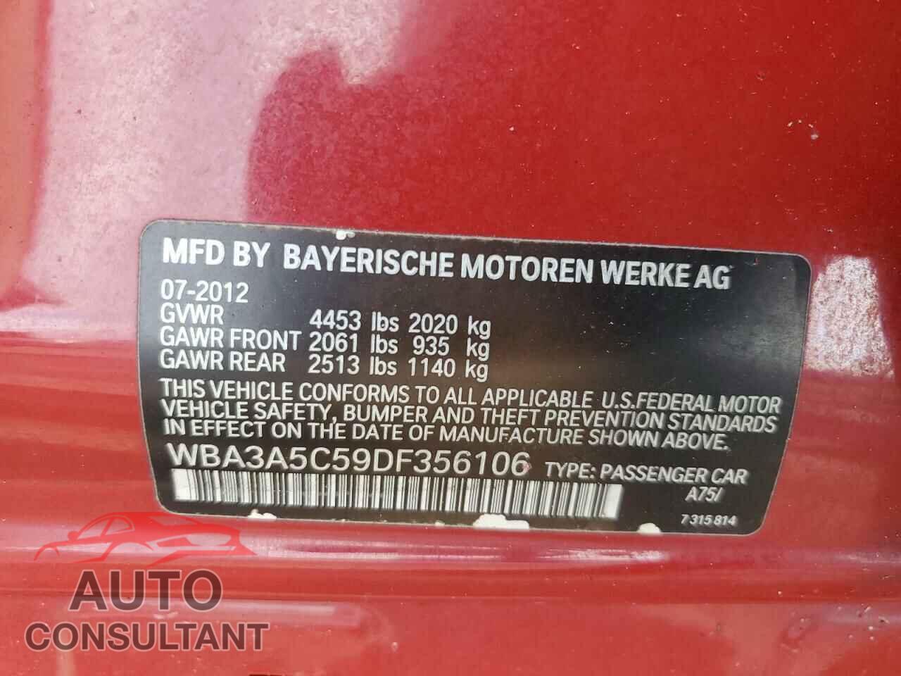 BMW 3 SERIES 2013 - WBA3A5C59DF356106