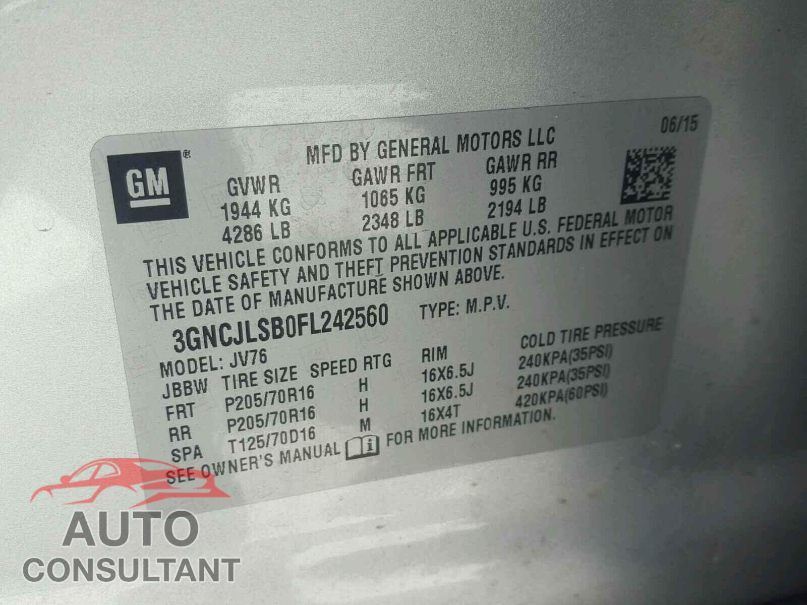 CHEVROLET TRAX 1LT 2015 - 3GNCJLSB0FL242560