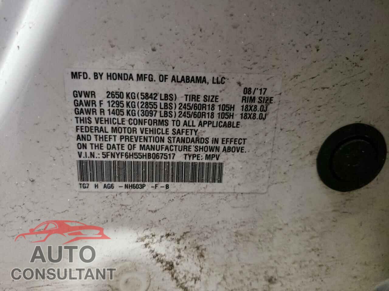 HONDA PILOT 2017 - 5FNYF6H55HB067517