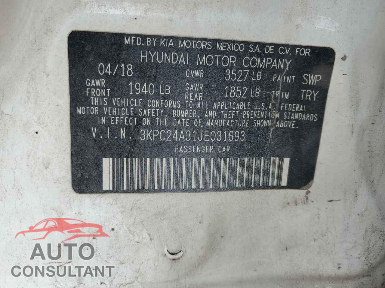 HYUNDAI ACCENT 2018 - 3KPC24A31JE031693