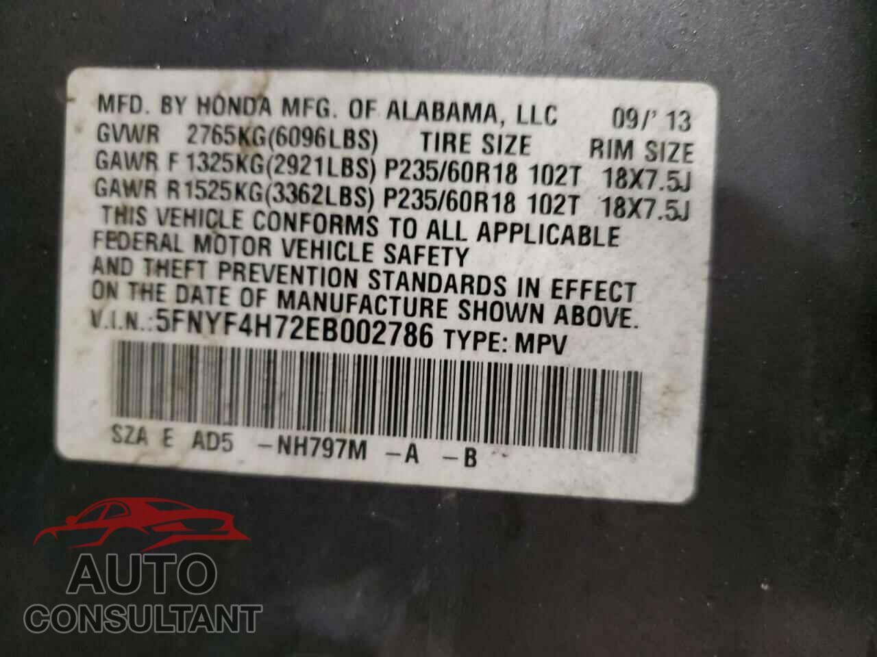HONDA PILOT 2014 - 5FNYF4H72EB002786