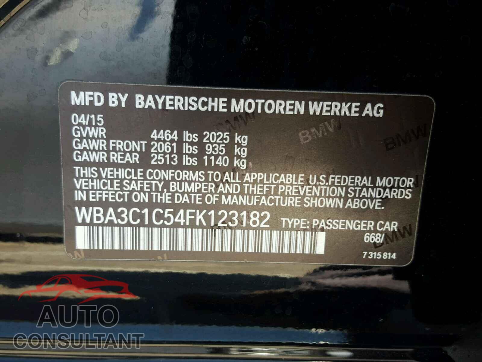 BMW 3 SERIES 2015 - WBA3C1C54FK123182
