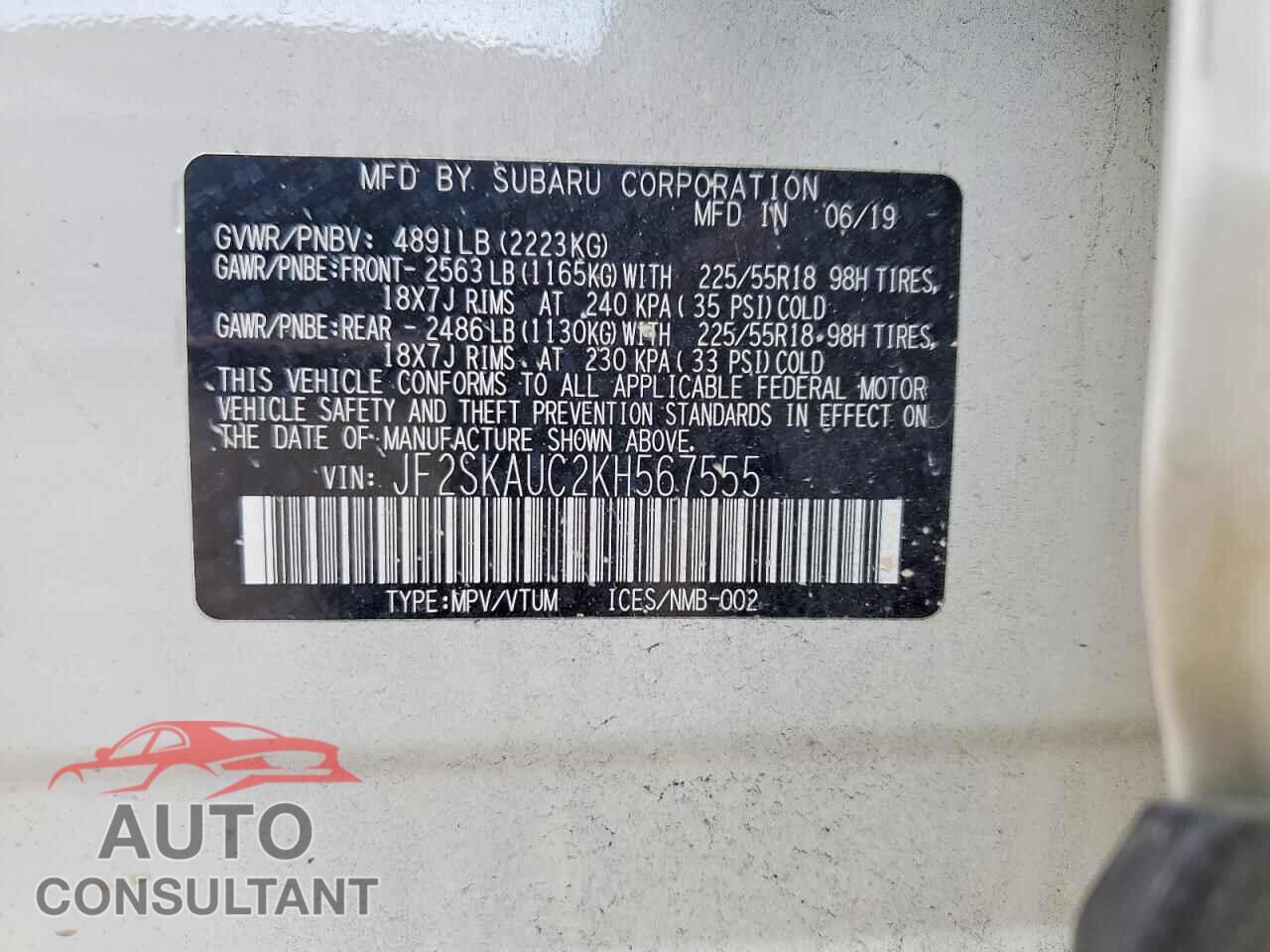 SUBARU FORESTER 2019 - JF2SKAUC2KH567555
