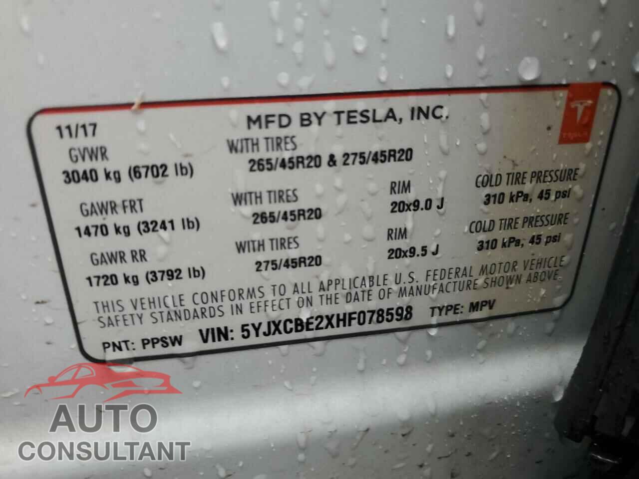 TESLA MODEL X 2017 - 5YJXCBE2XHF078598