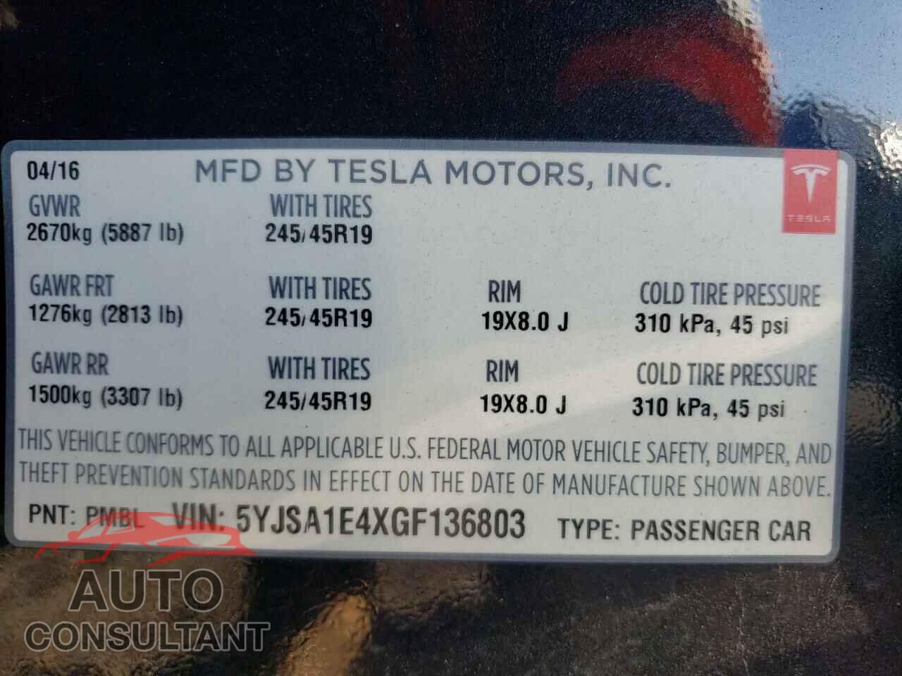 TESLA MODEL 3 2016 - 5YJSA1E4XGF136803
