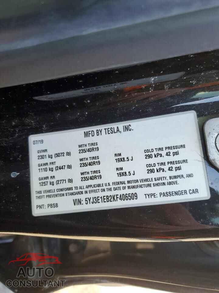 TESLA MODEL 3 2019 - 5YJ3E1EB2KF406509