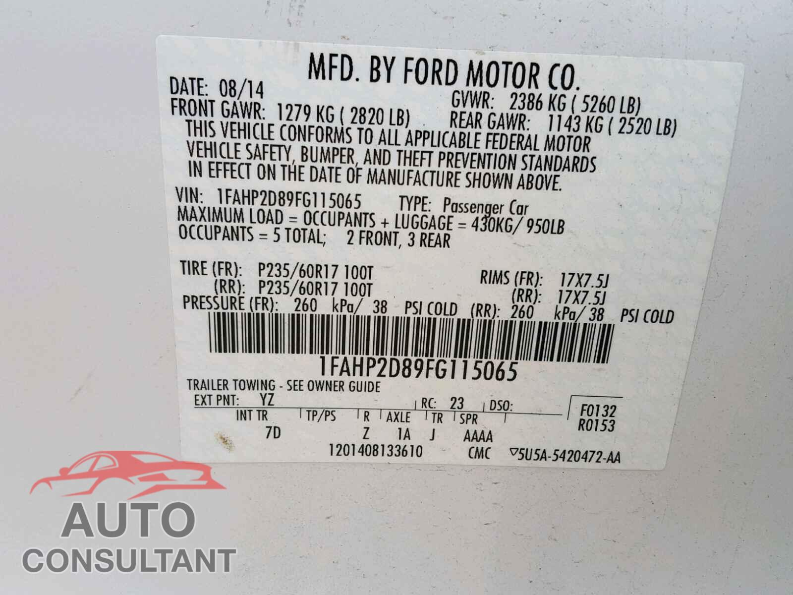 FORD TAURUS 2015 - 1FAHP2D89FG115065