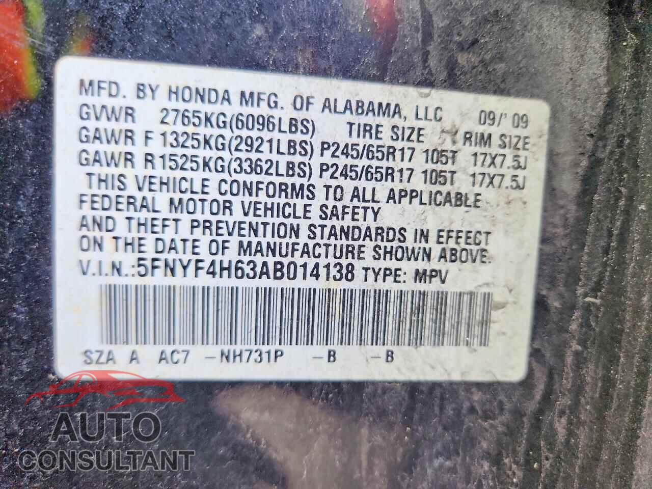 HONDA PILOT 2010 - 5FNYF4H63AB014138