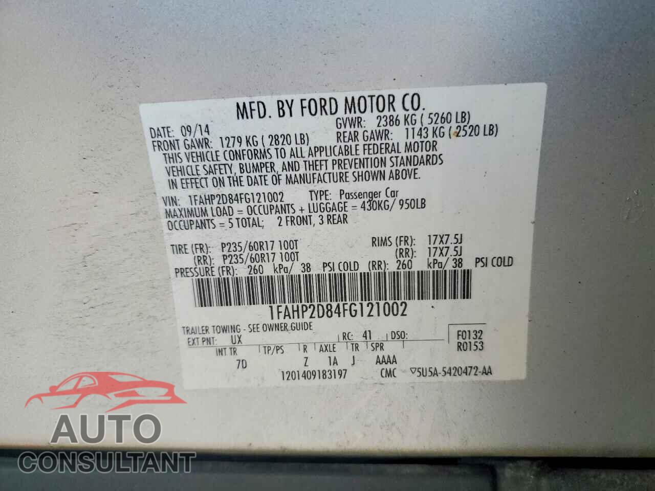FORD TAURUS 2015 - 1FAHP2D84FG121002