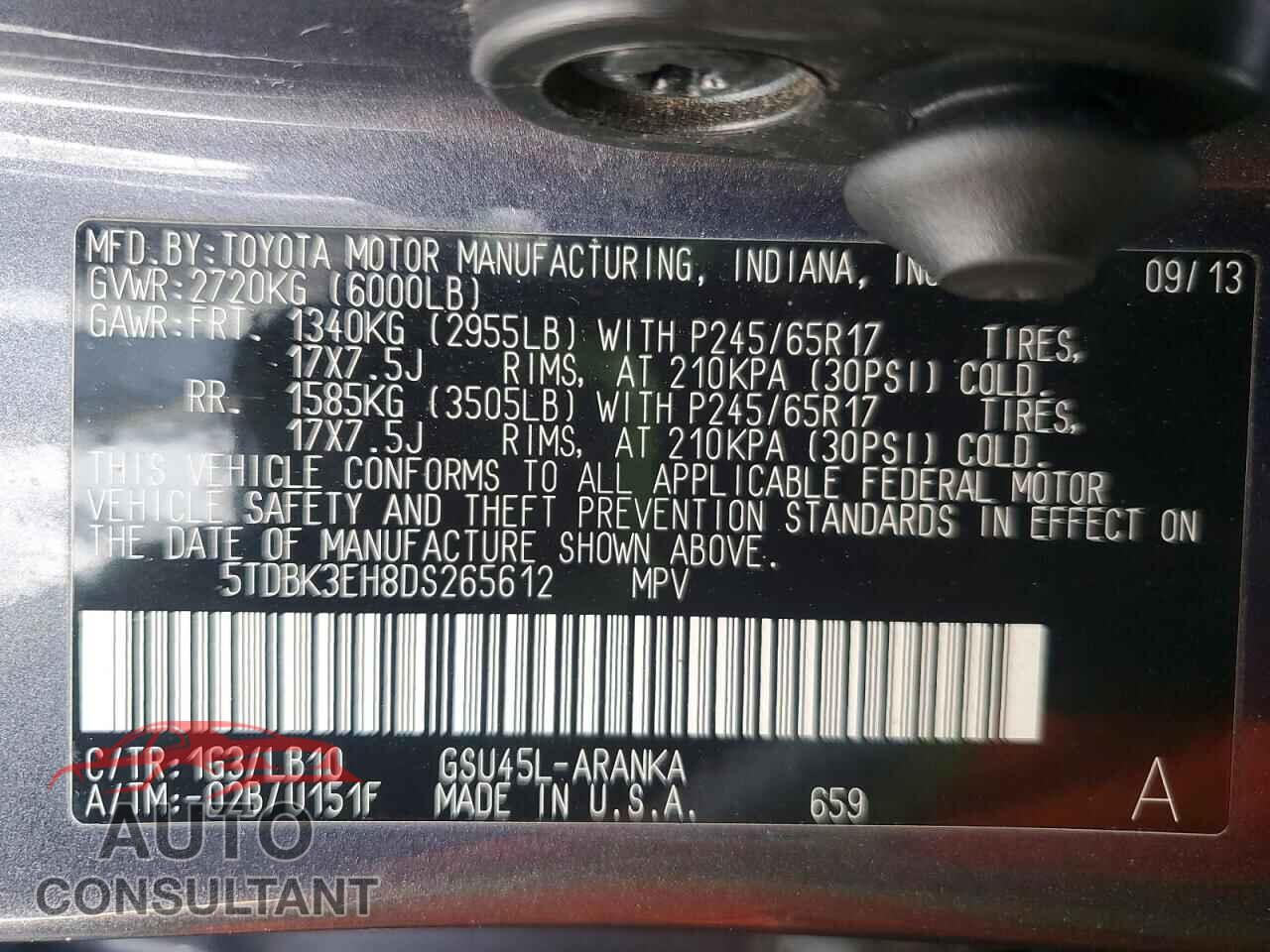 TOYOTA HIGHLANDER 2013 - 5TDBK3EH8DS265612