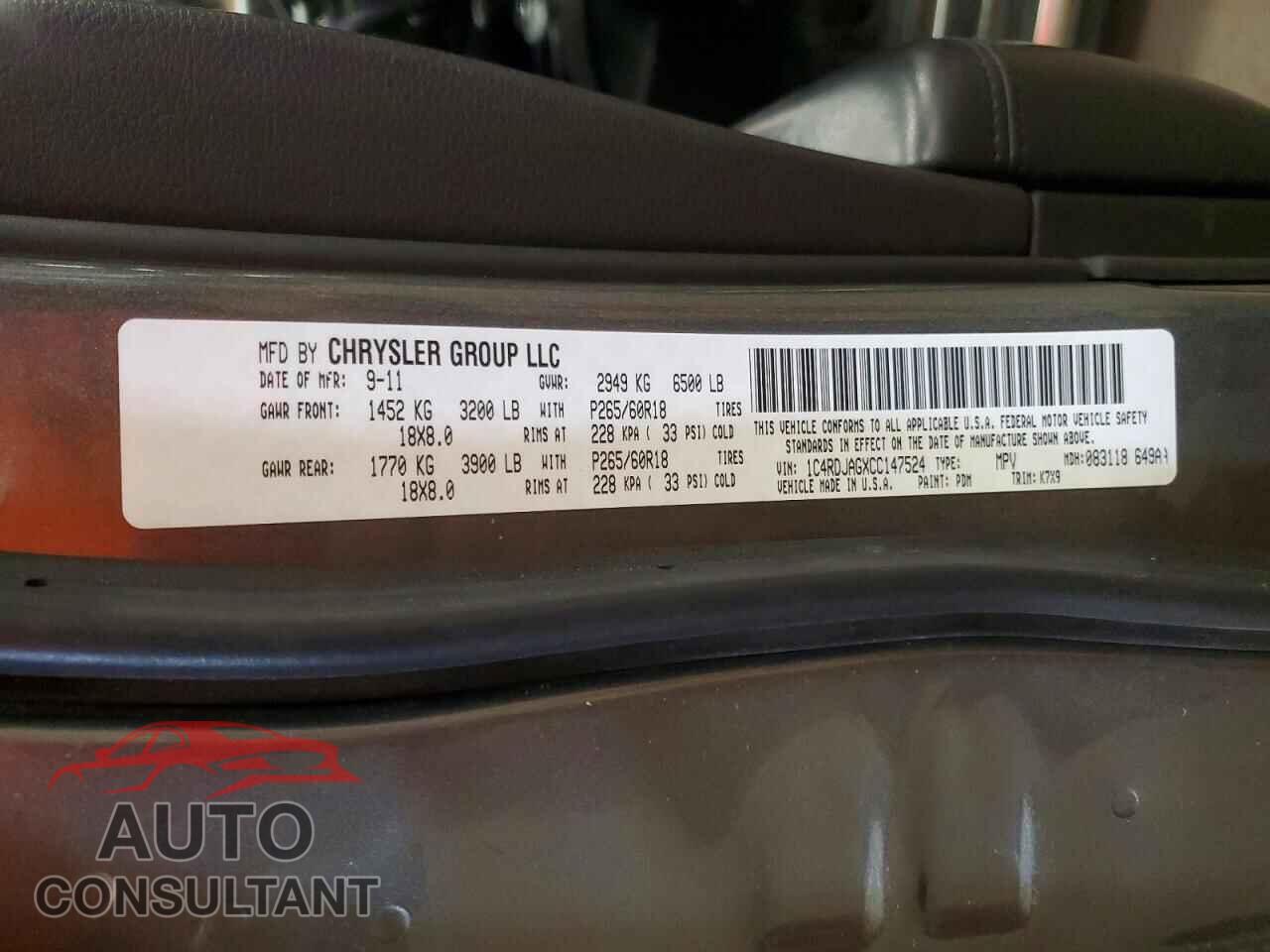 DODGE DURANGO 2012 - 1C4RDJAGXCC147524