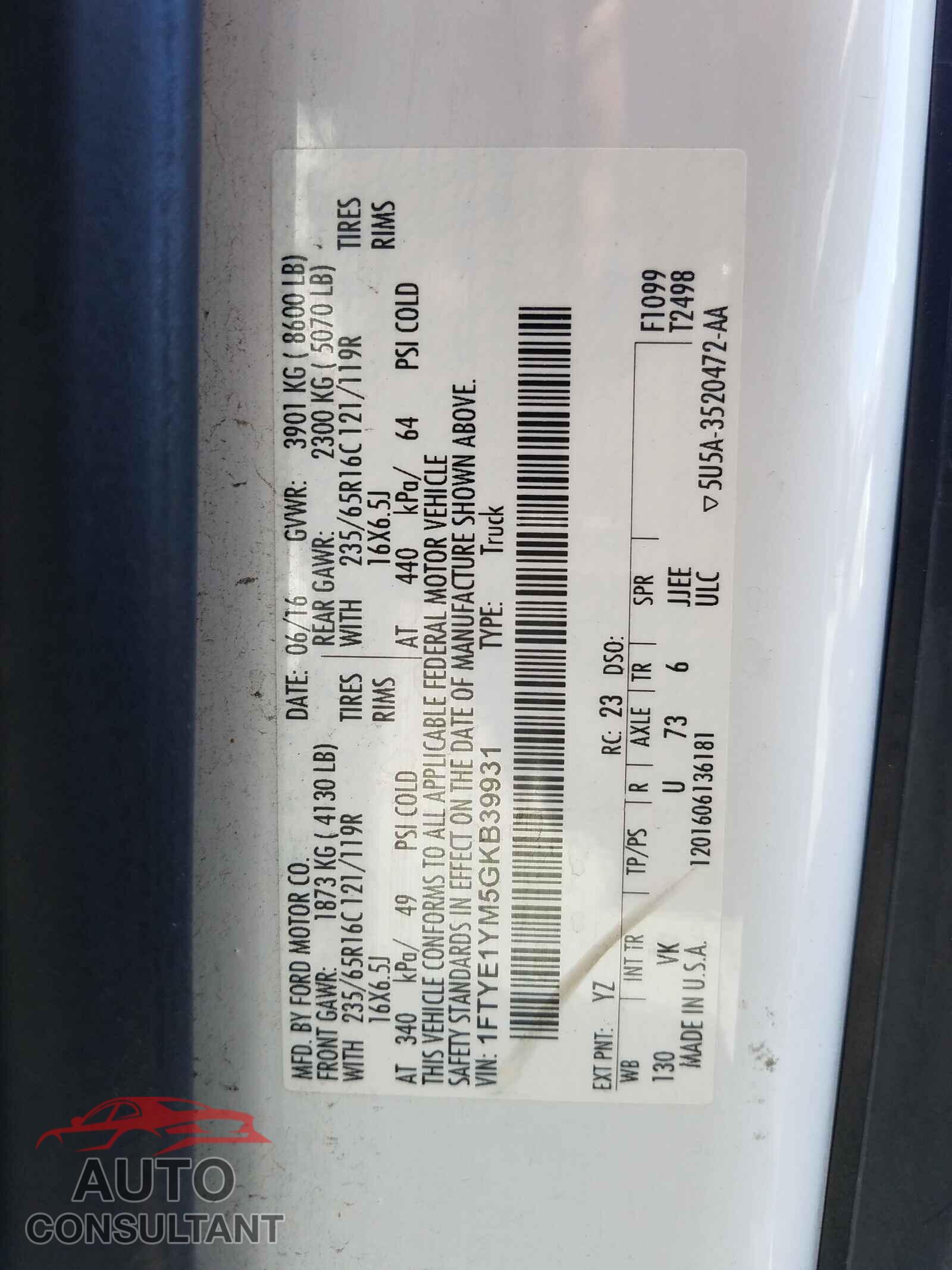 FORD TRANSIT CO 2016 - 1FTYE1YM5GKB39931