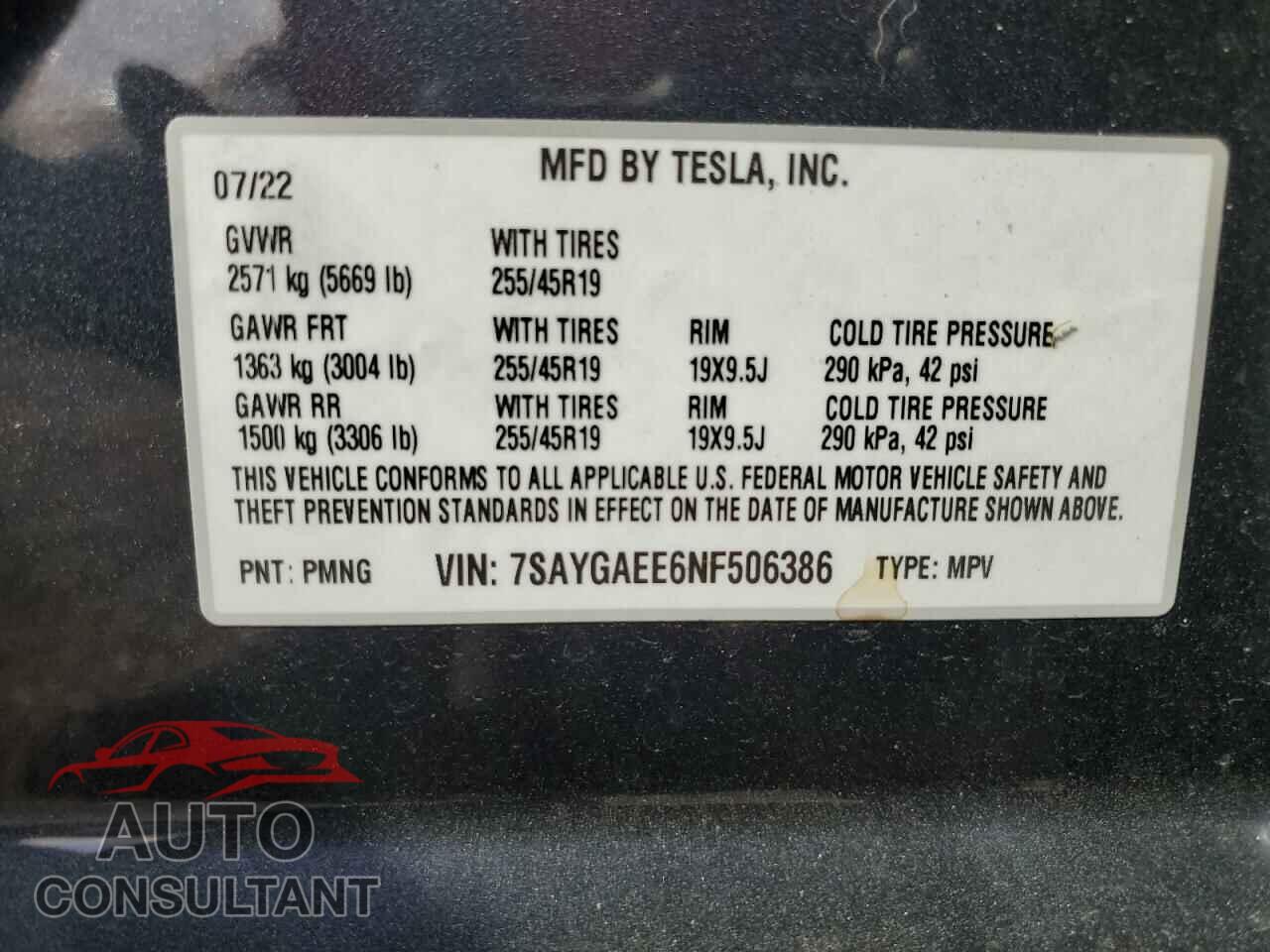 TESLA MODEL Y 2022 - 7SAYGAEE6NF506386
