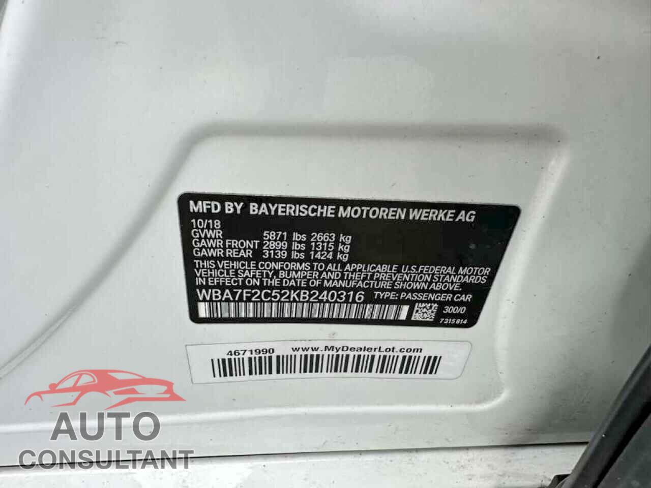 BMW 7 SERIES 2019 - WBA7F2C52KB240316