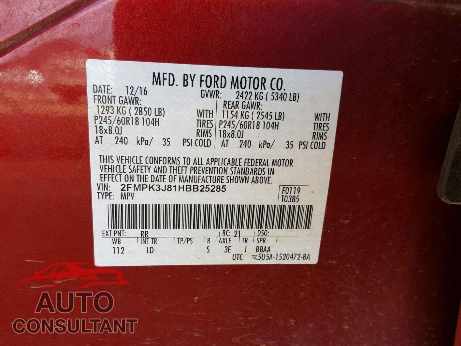 FORD EDGE SEL 2017 - 2FMPK3J81HBB25285