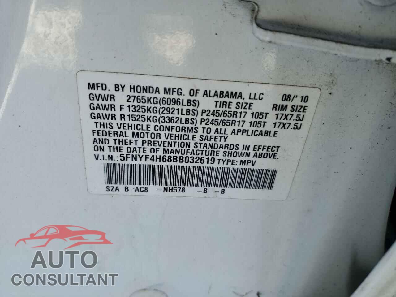 HONDA PILOT 2011 - 5FNYF4H68BB032619
