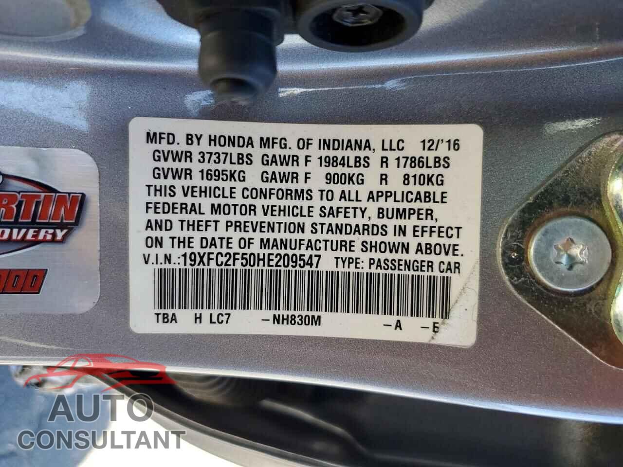 HONDA CIVIC 2017 - 19XFC2F50HE209547