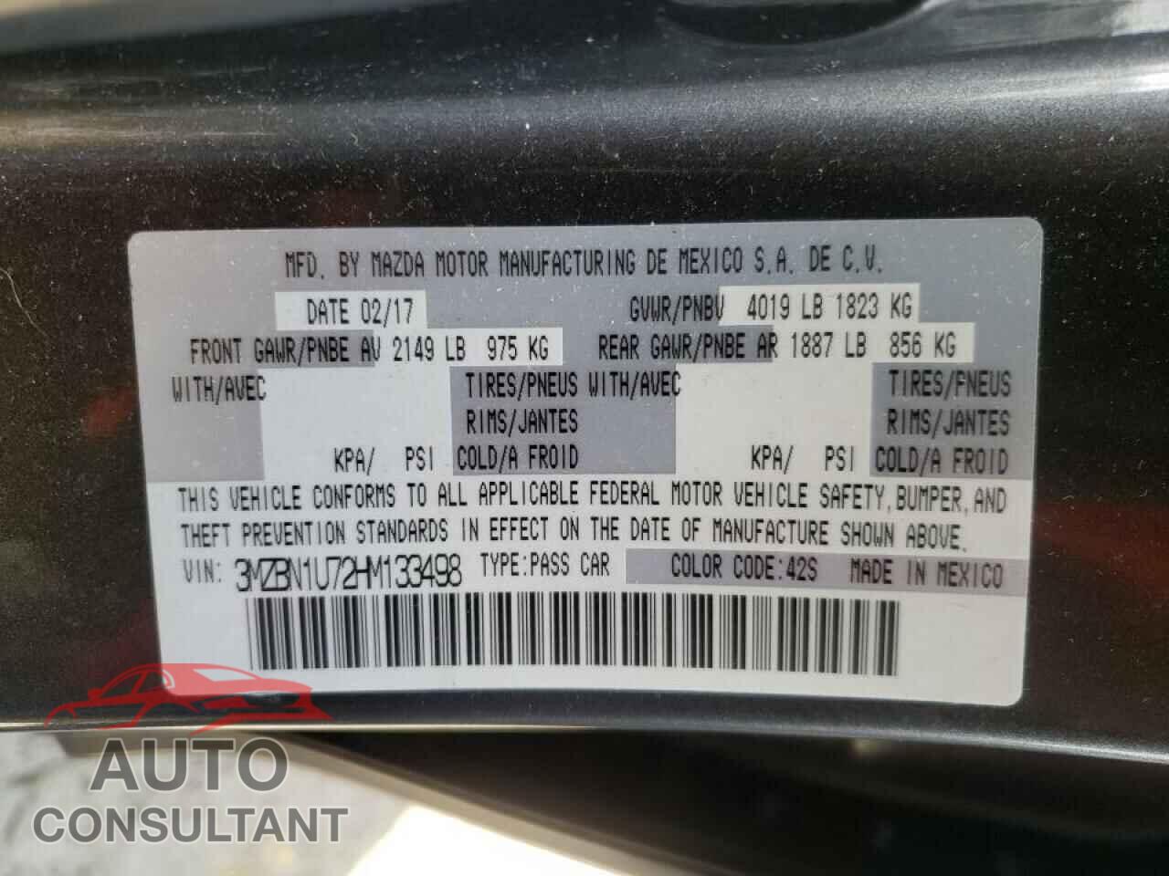 MAZDA 3 2017 - 3MZBN1U72HM133498