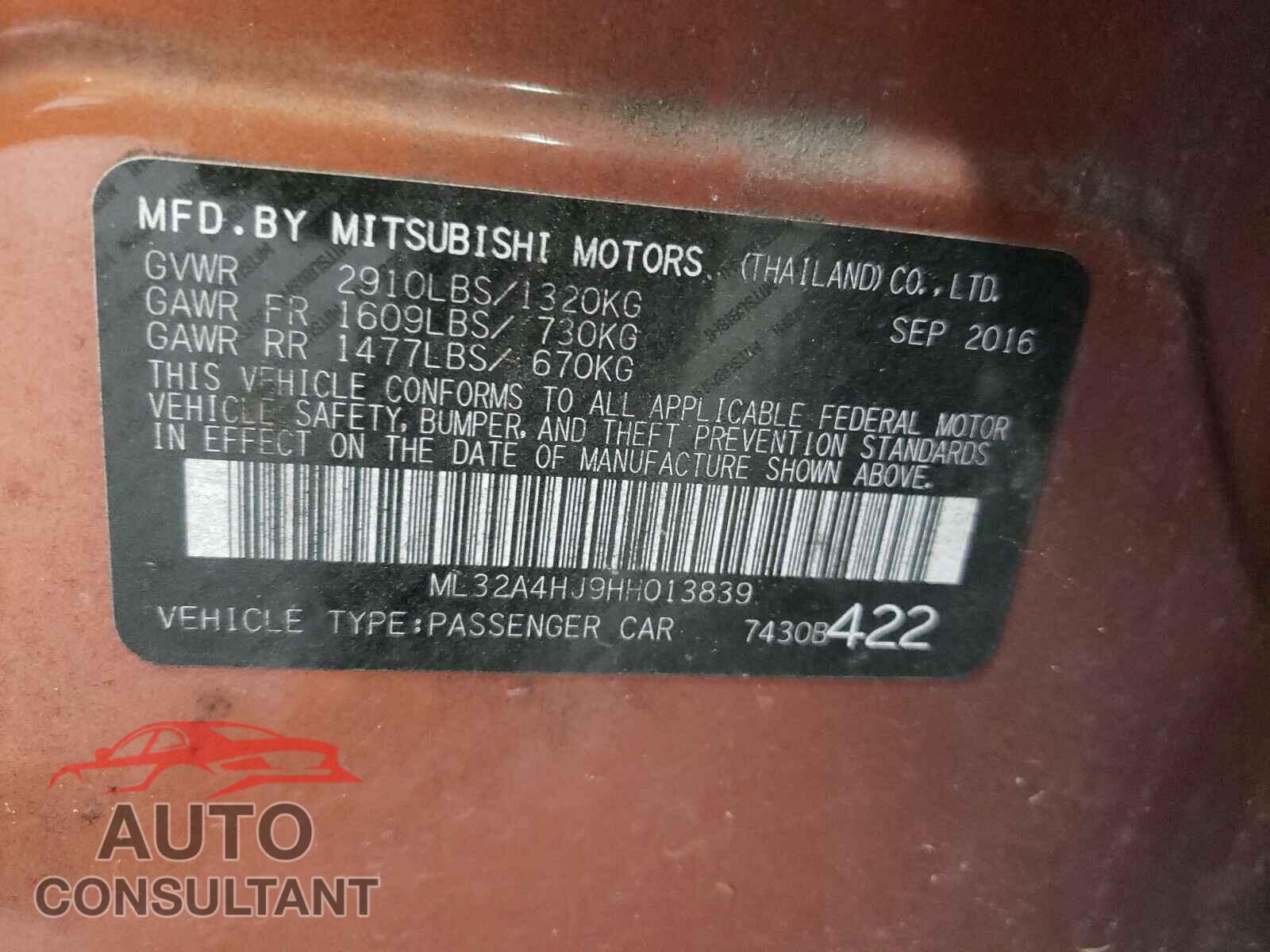 MITSUBISHI MIRAGE 2017 - ML32A4HJ9HH013839