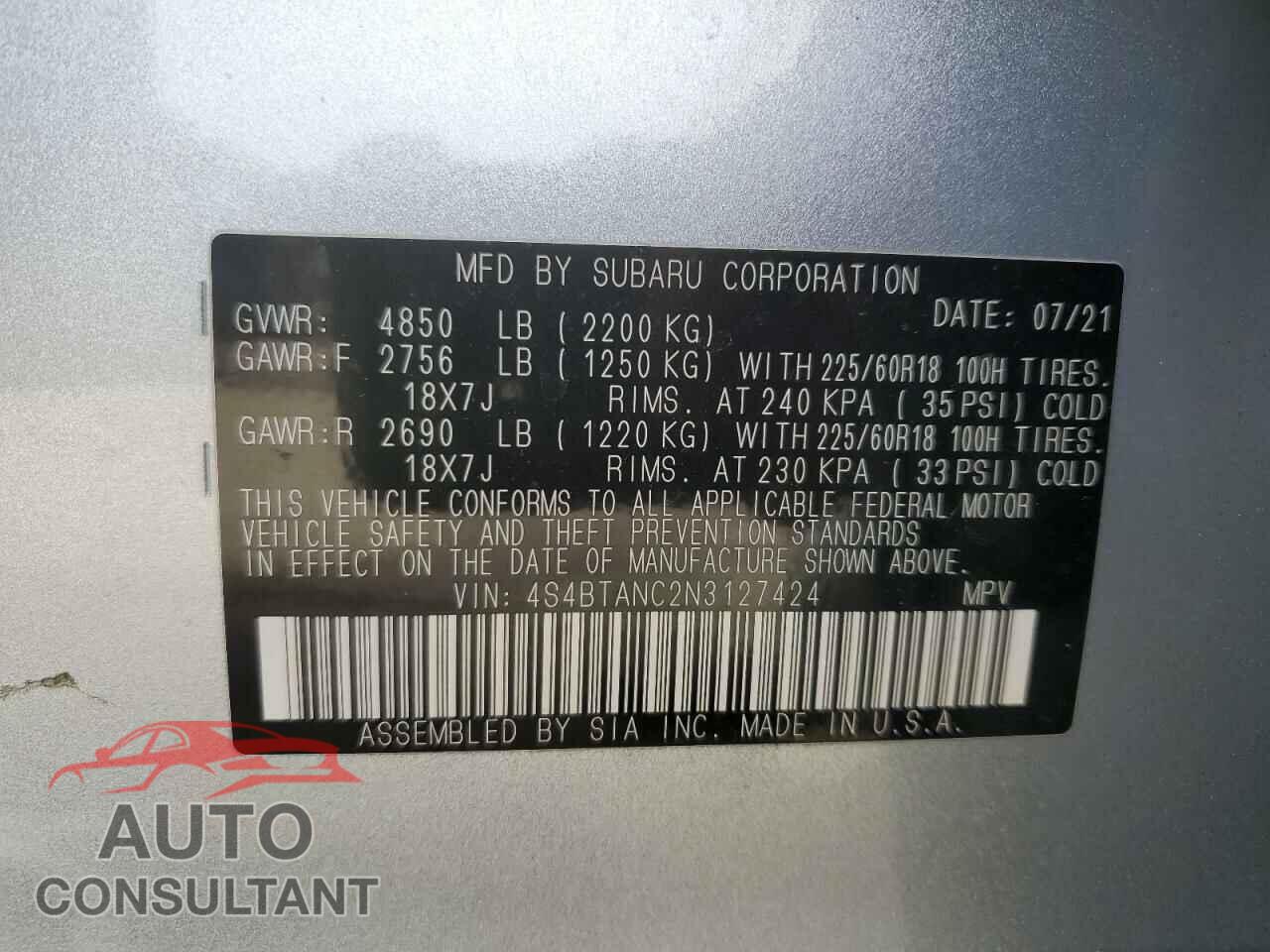 SUBARU OUTBACK 2022 - 4S4BTANC2N3127424