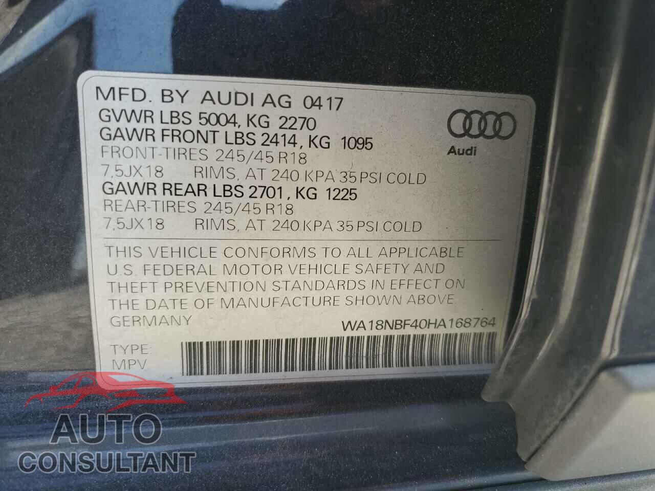AUDI A4 2017 - WA18NBF40HA168764