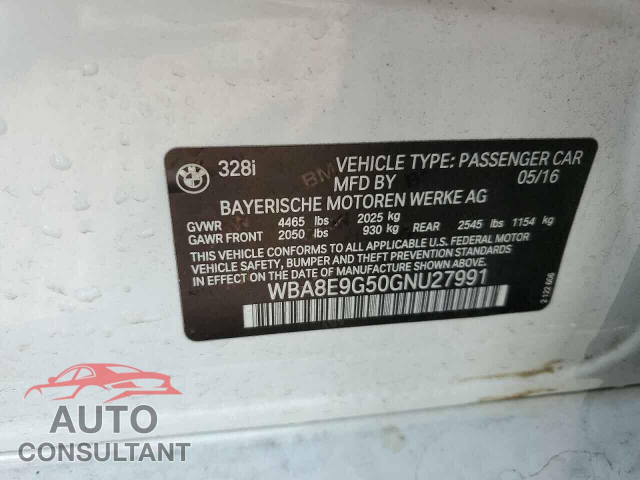 BMW 3 SERIES 2016 - WBA8E9G50GNU27991