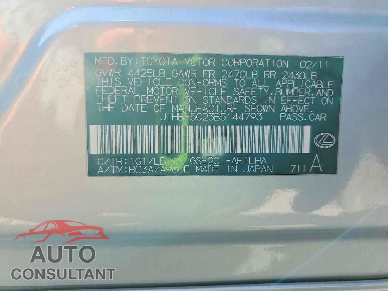 LEXUS IS 2011 - JTHBF5C23B5144793